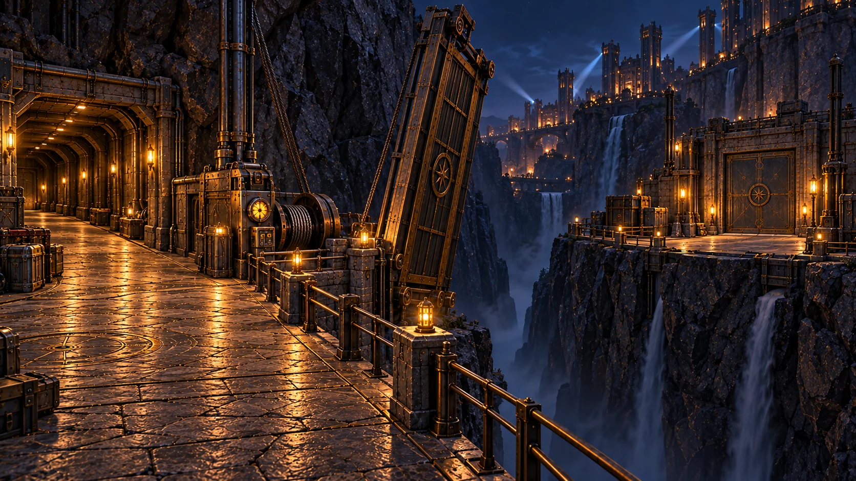 The fortress freight bridge retracted above a deep canyon