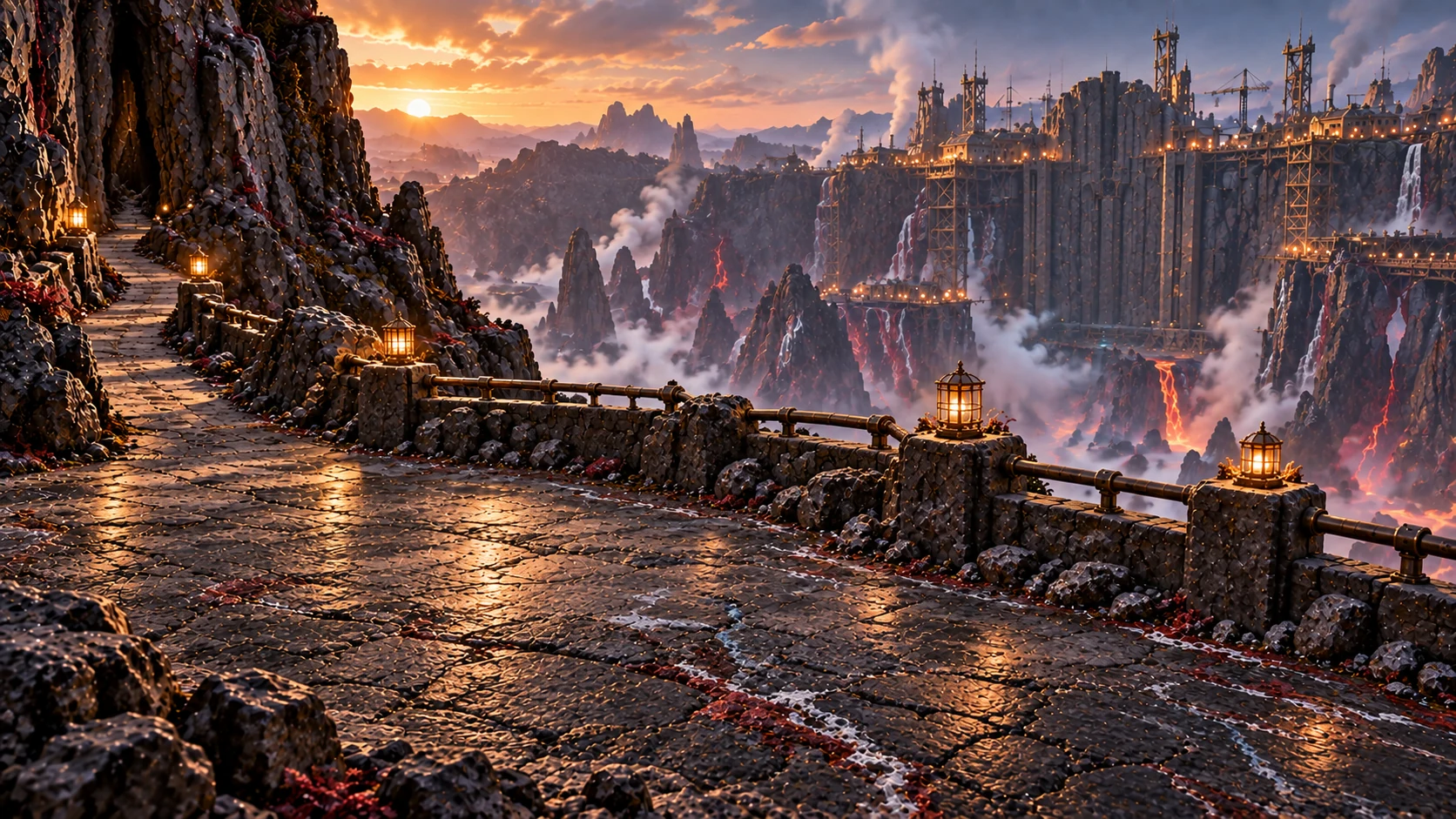 The volcanic approach to the Nexus, with stone walkways and steam-filled cliffs